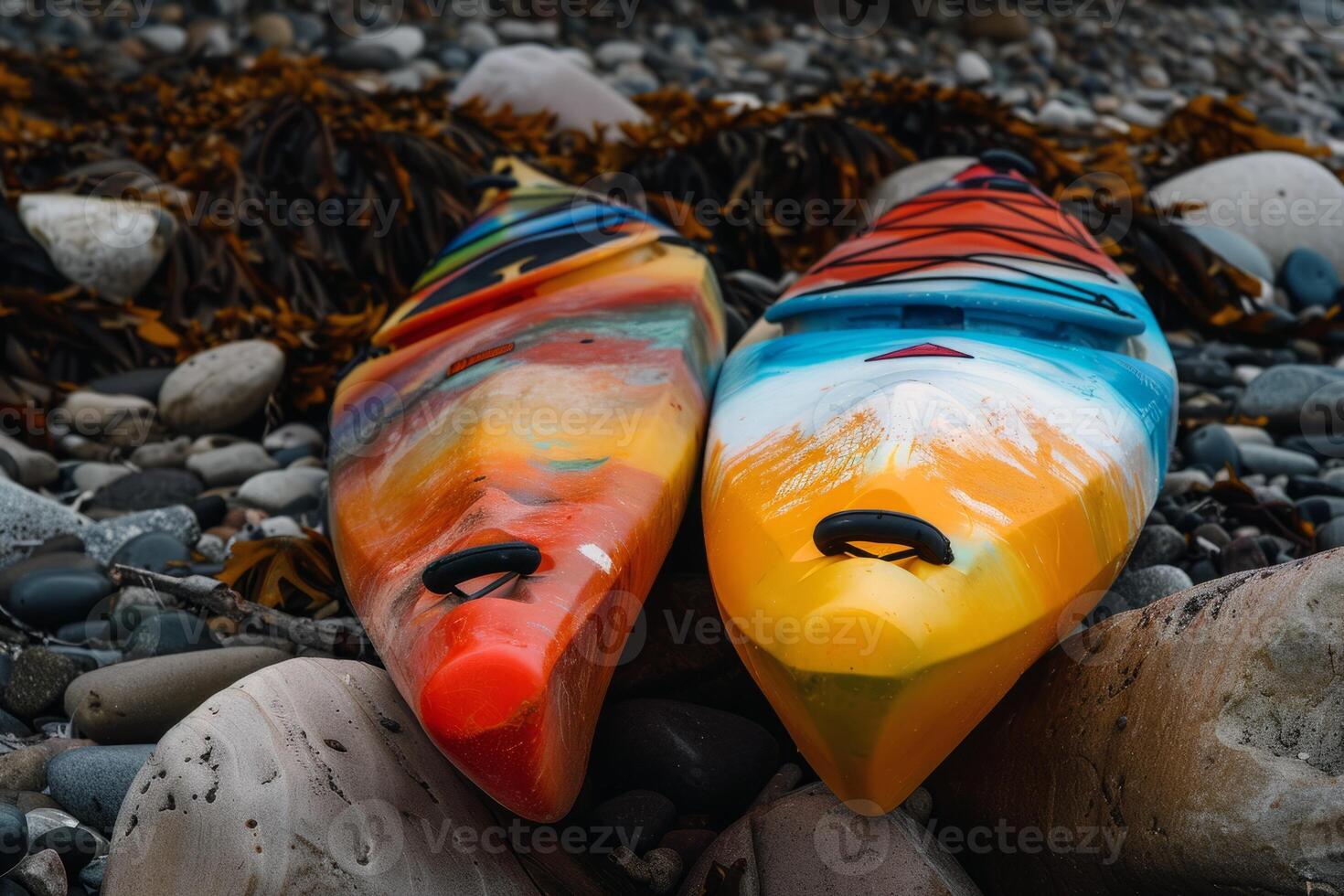 Pair of colorful kayaks resting on the shore, beckoning adventurers to explore hidden coves photo