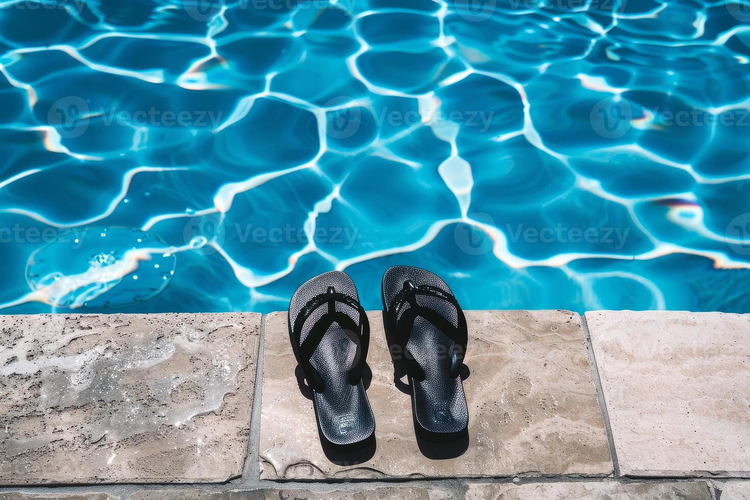 Pair of flip-flops left at the edge of pool, signaling carefree summer day photo