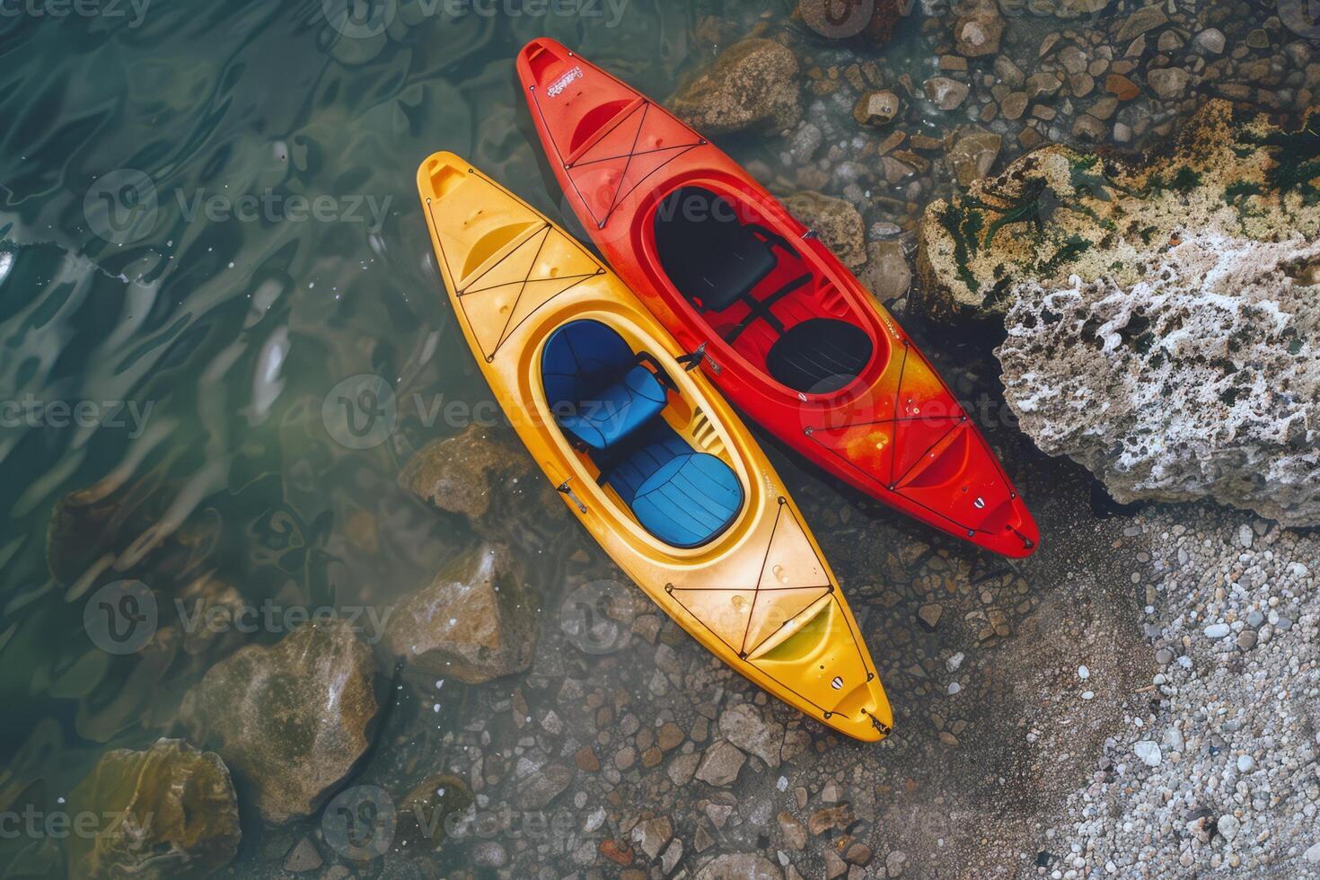 Pair of colorful kayaks resting on the shore, beckoning adventurers to explore hidden coves photo