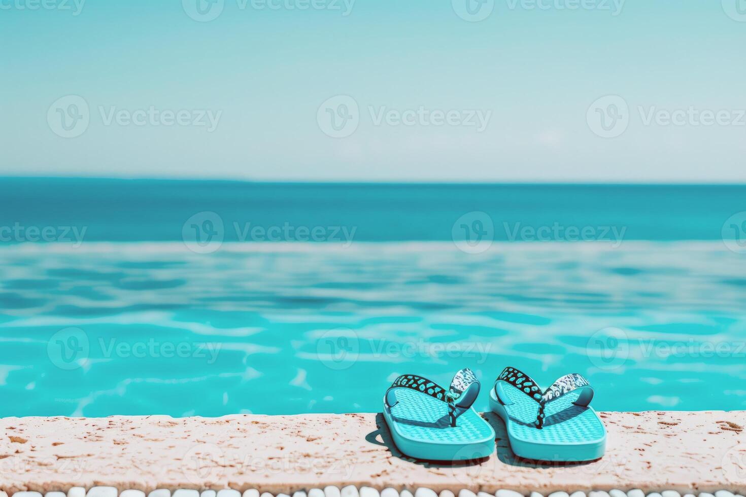 Pair of flip-flops left at the edge of pool, signaling carefree summer day photo