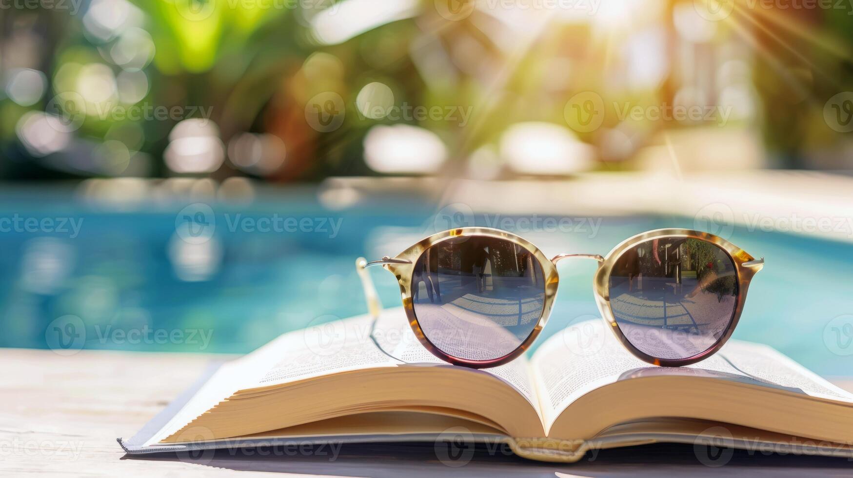 Pair of sunglasses resting on book by the poolside, epitomizing lazy summer days photo