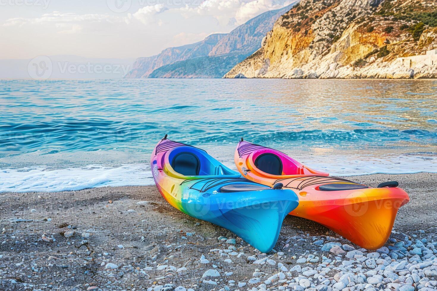 Pair of colorful kayaks resting on the shore, beckoning adventurers to explore hidden coves photo