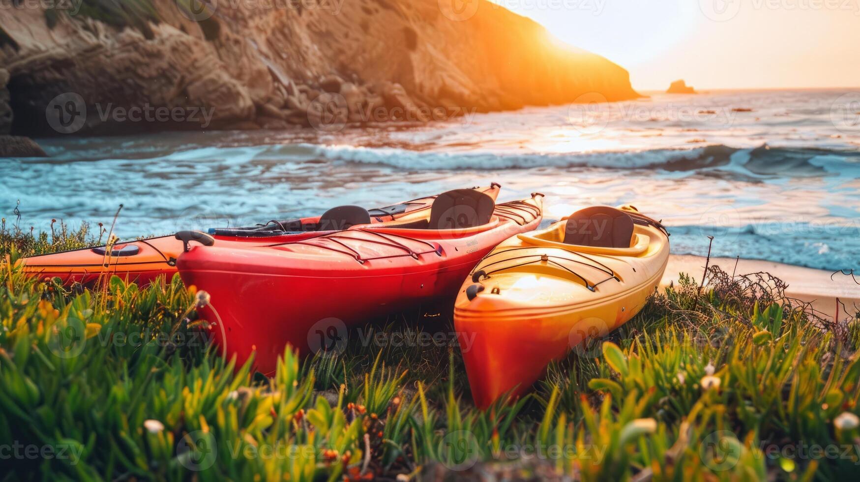 Pair of colorful kayaks resting on the shore, beckoning adventurers to explore hidden coves photo