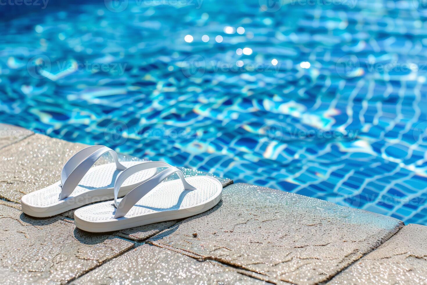 Pair of flip-flops left at the edge of pool, signaling carefree summer day photo