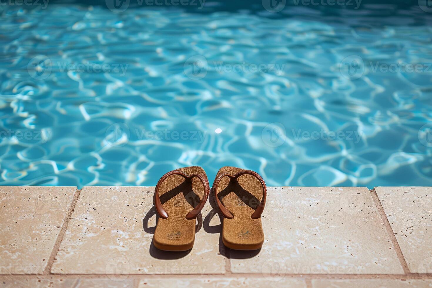 Pair of flip-flops left at the edge of pool, signaling carefree summer day photo