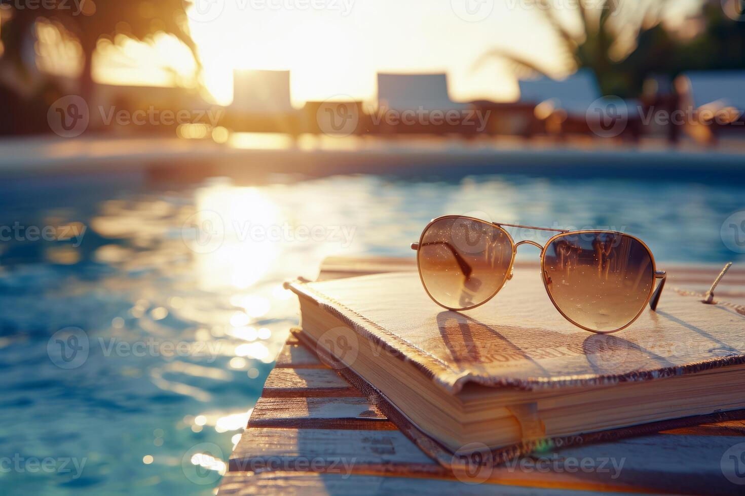 Pair of sunglasses resting on book by the poolside, epitomizing lazy summer days photo