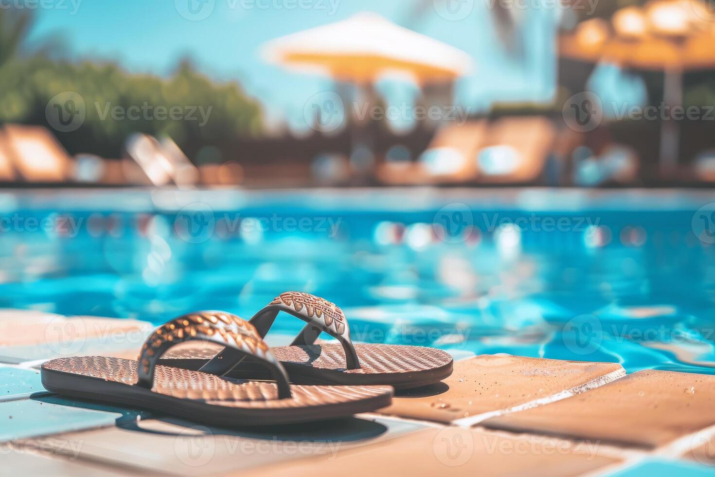 Pair of flip-flops left at the edge of pool, signaling carefree summer day photo