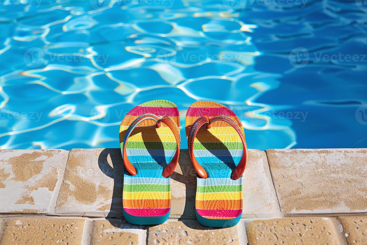 Pair of flip-flops left at the edge of pool, signaling carefree summer day photo