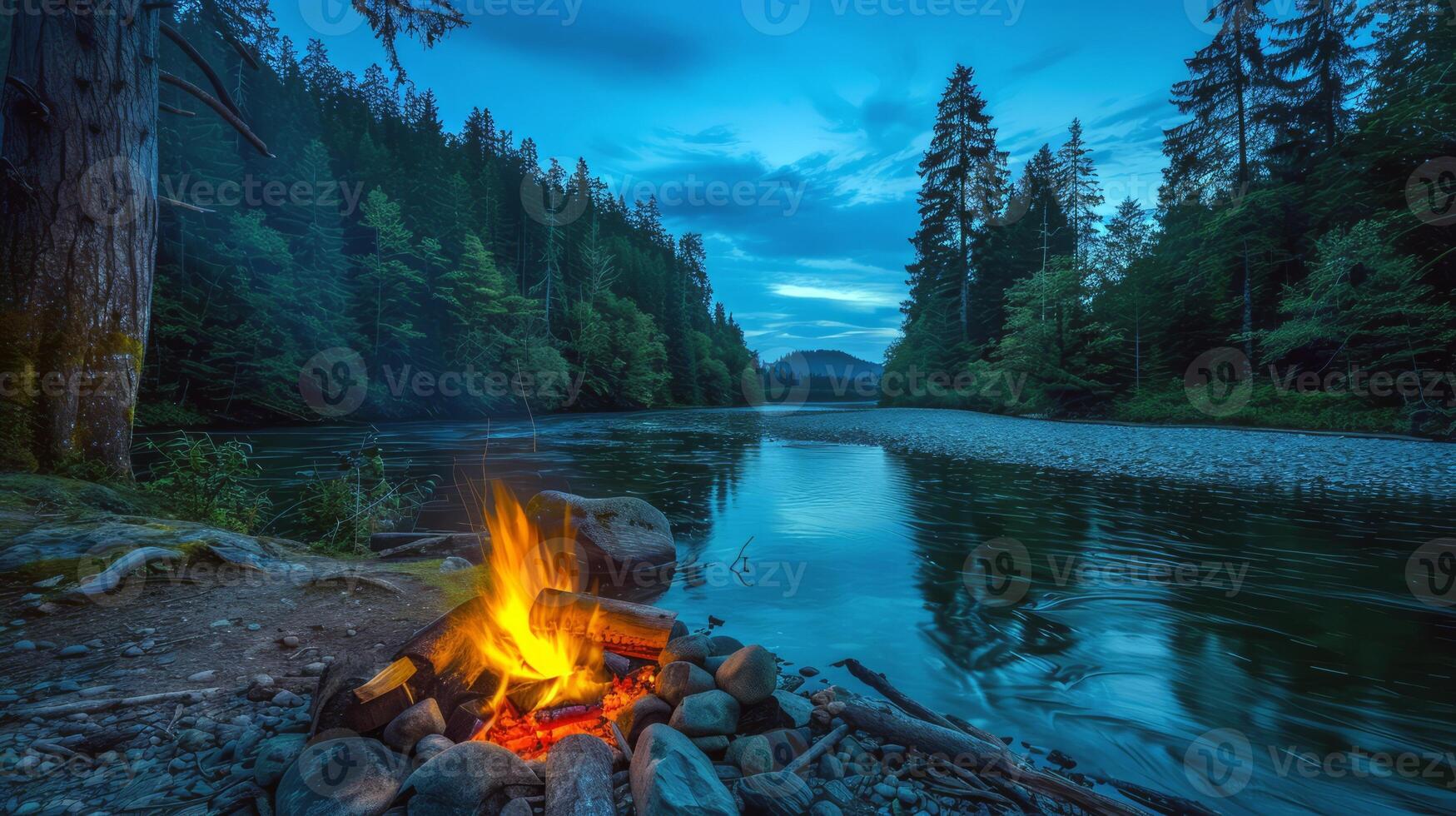 Peaceful riverside campsite illuminated by the flickering light of campfire photo