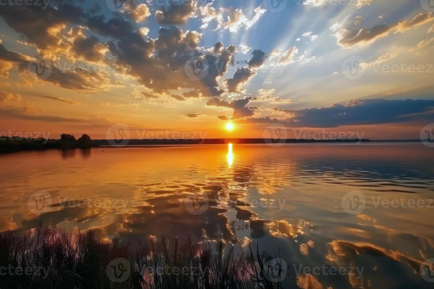 Sunset over tranquil lake, casting warm glow over the water and surrounding landscape photo