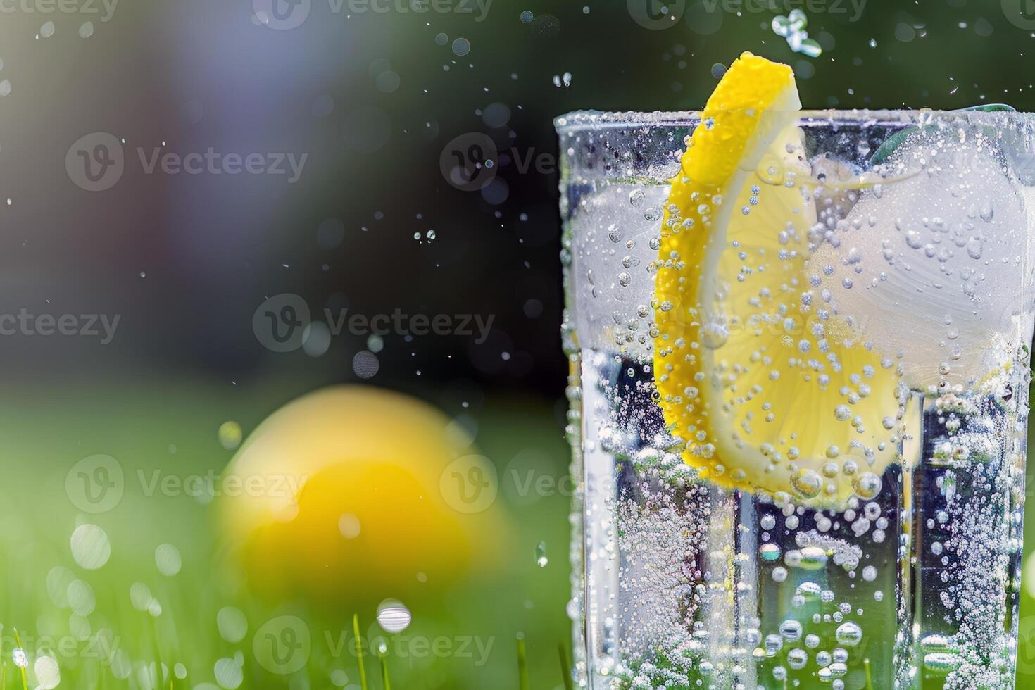 Refreshing glass of lemonade, condensation glistening in the summer heat photo