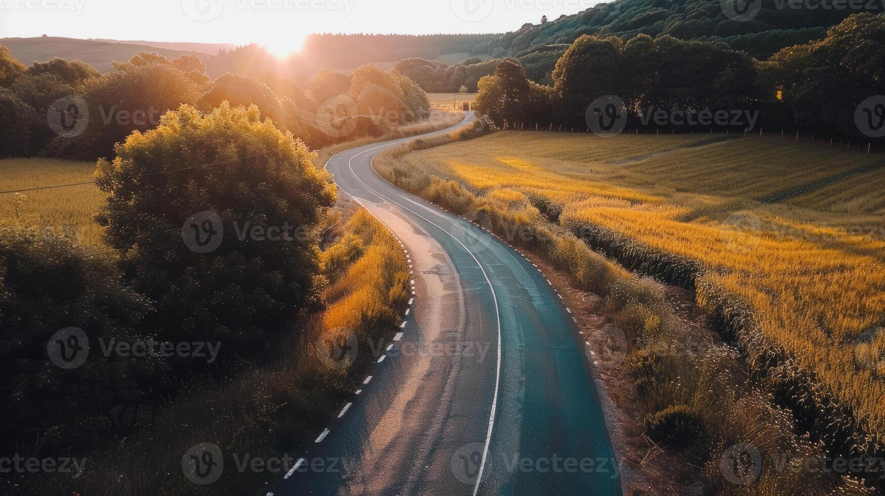 Road trip through country roads, surrounded by fields of sun-kissed crops in the height of summer photo