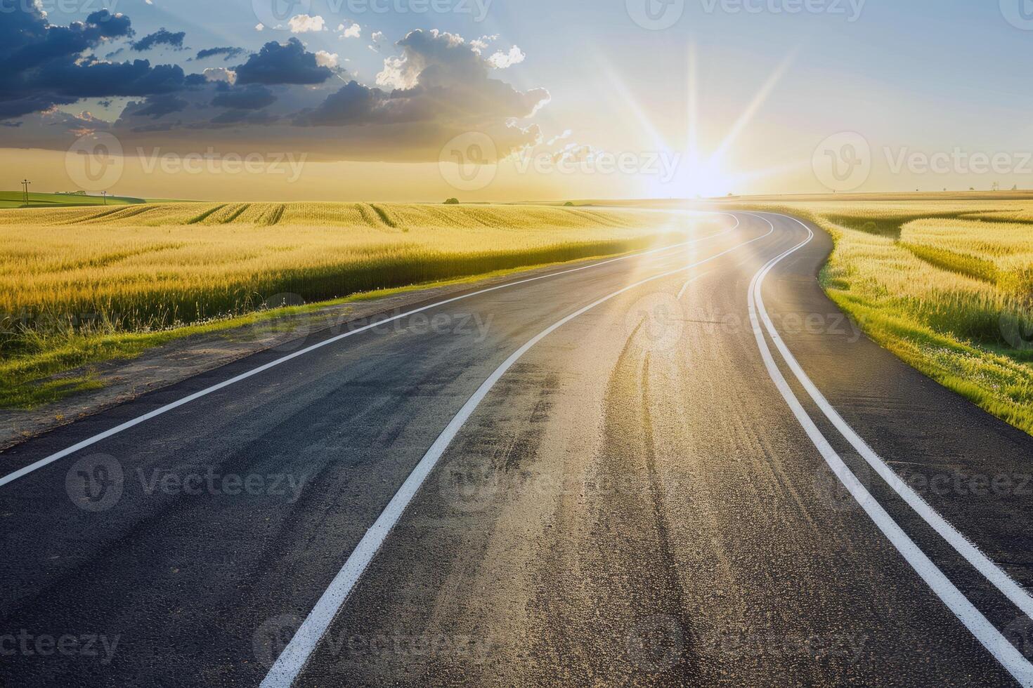 Road trip through country roads, surrounded by fields of sun-kissed crops in the height of summer photo