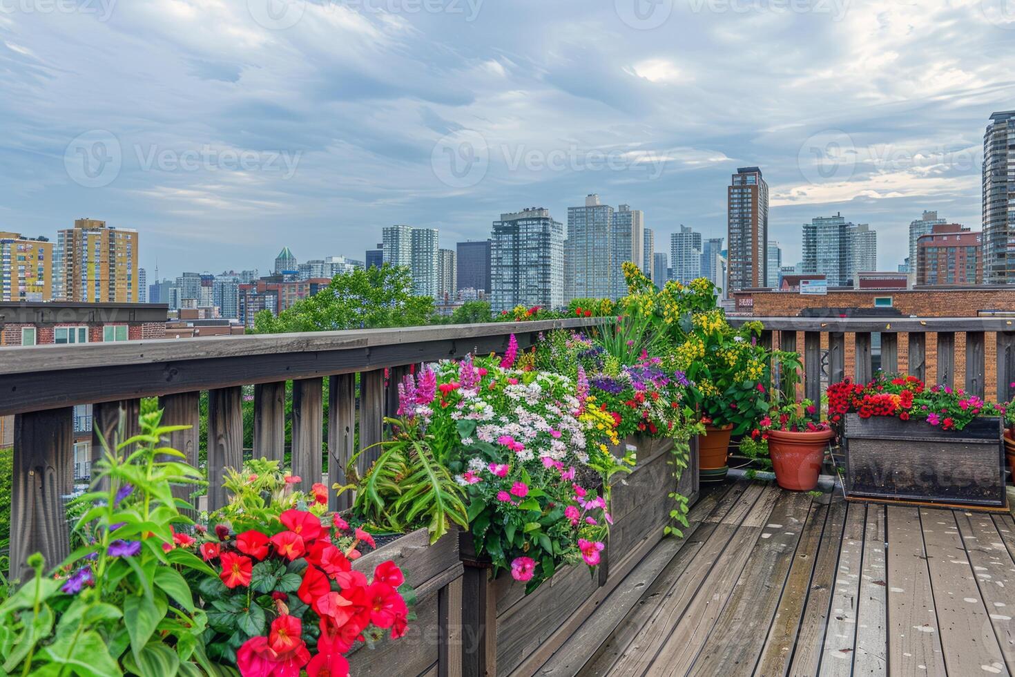 Rooftop garden oasis in the heart of the city, blooming with vibrant flowers and verdant foliage photo