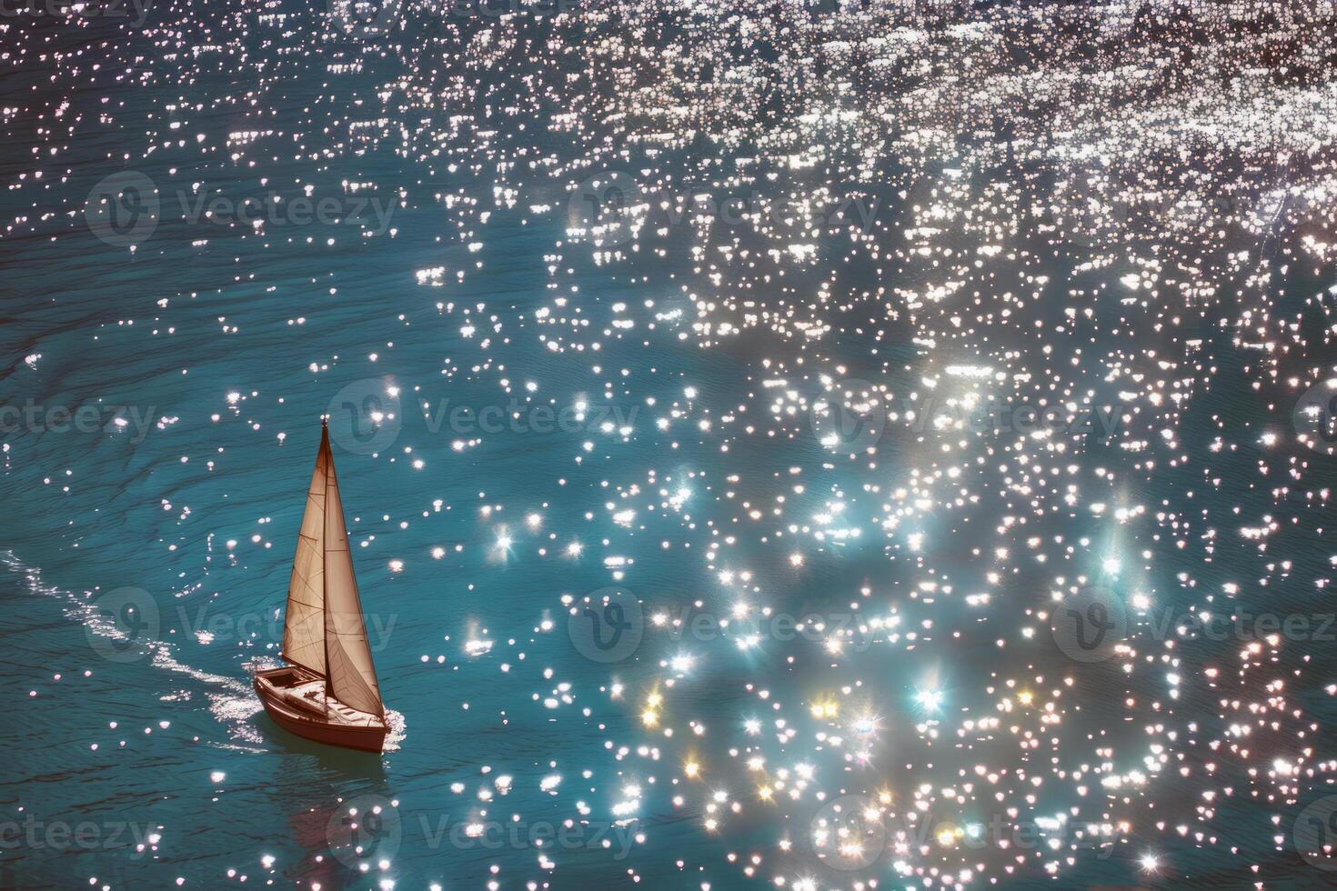 Sailboat gliding across sparkling blue waters, propelled by gentle summer breeze photo