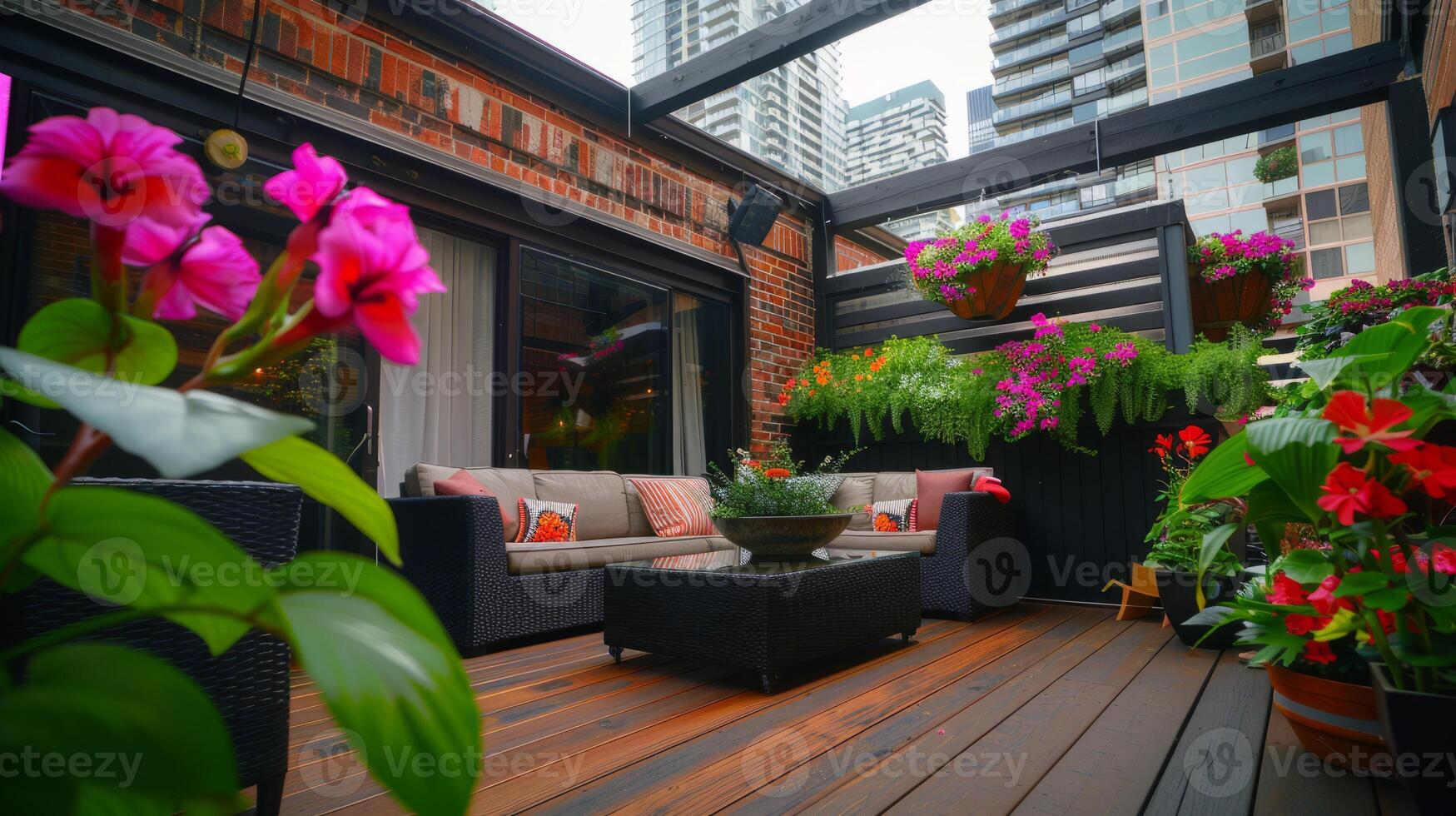 Rooftop garden oasis in the heart of the city, blooming with vibrant flowers and verdant foliage photo