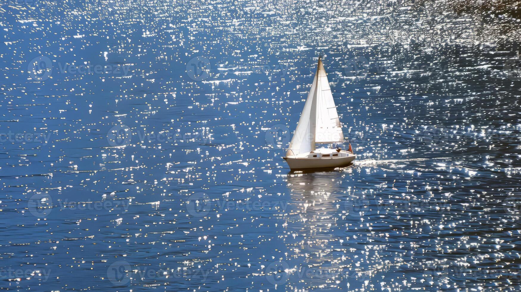 Sailboat gliding across sparkling blue waters, propelled by gentle summer breeze photo