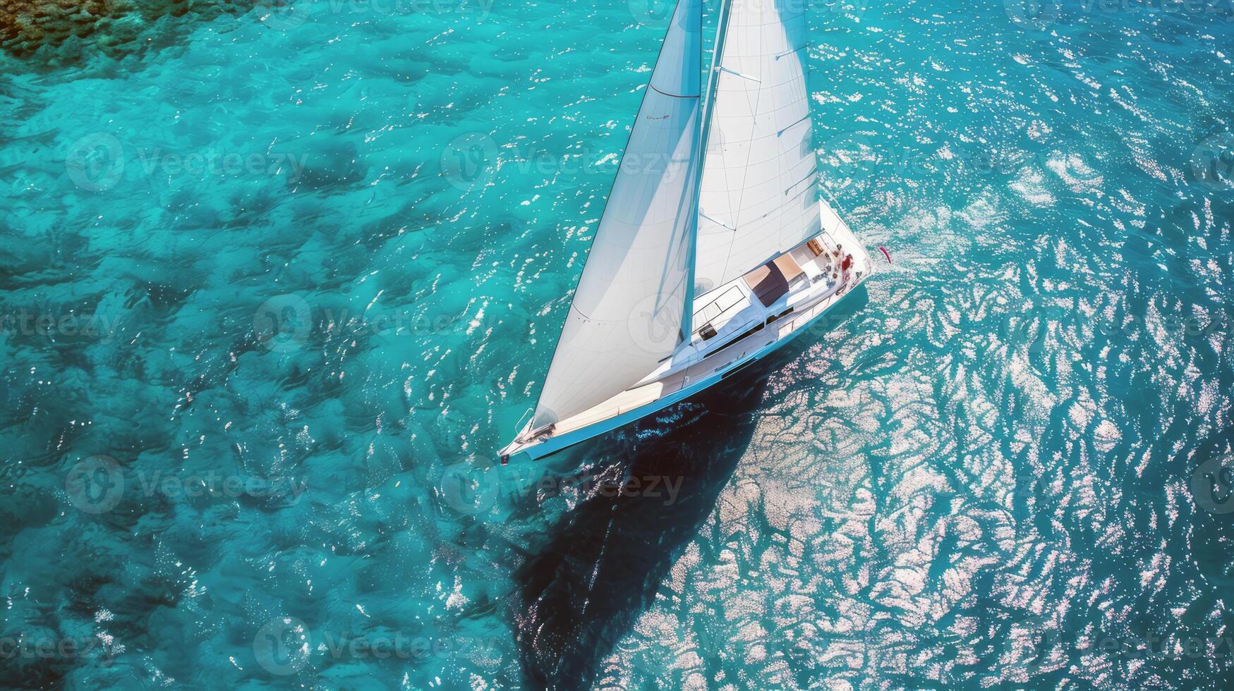 Sailboat gliding across sparkling blue waters, propelled by gentle summer breeze photo