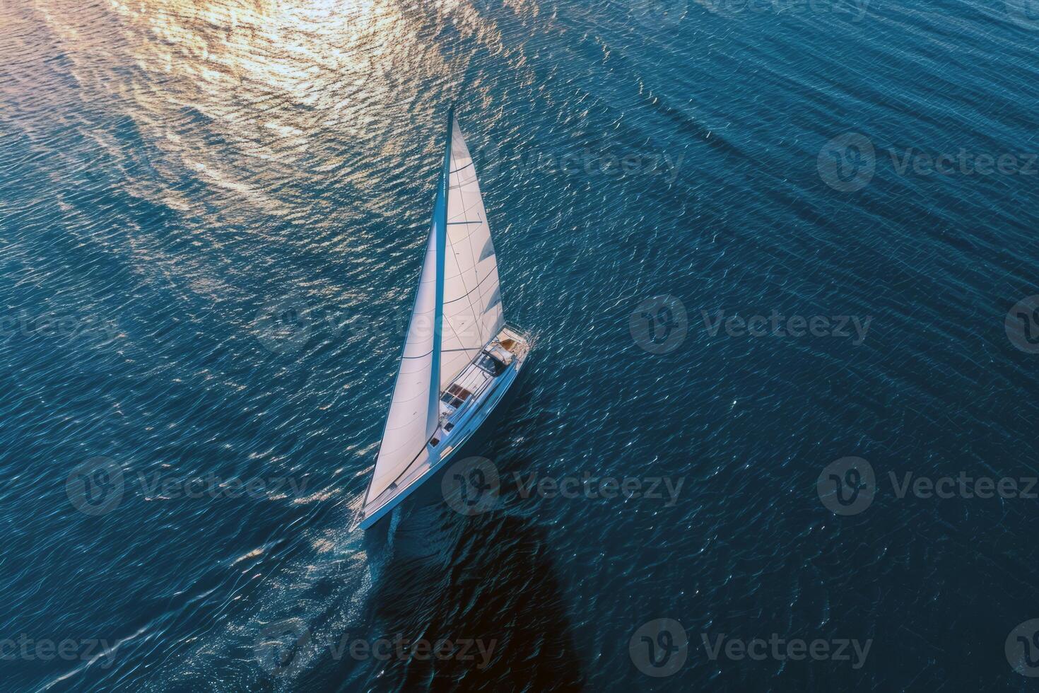 Sailboat gliding across sparkling blue waters, propelled by gentle summer breeze photo