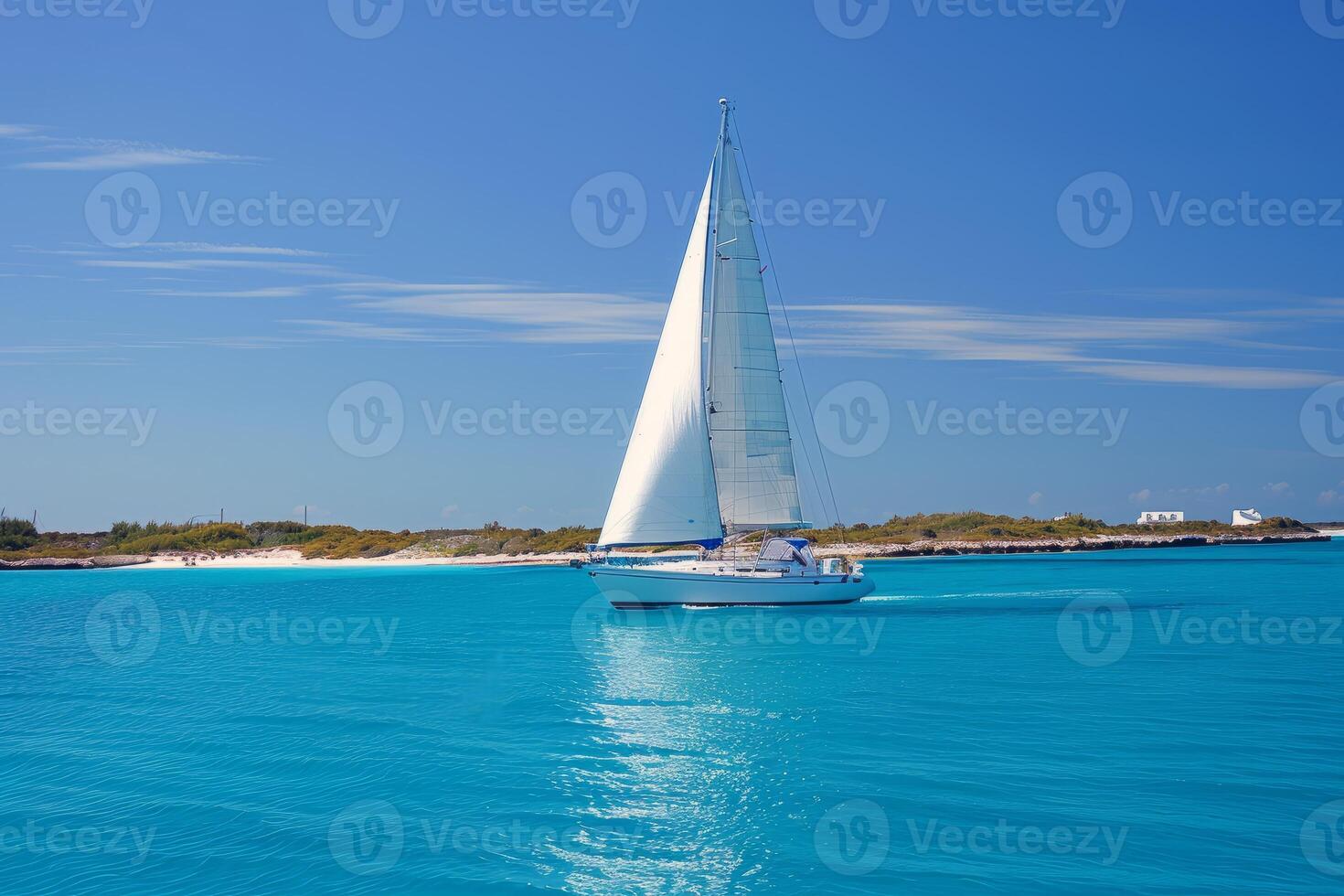 Sailboat gliding across sparkling blue waters, propelled by gentle summer breeze photo