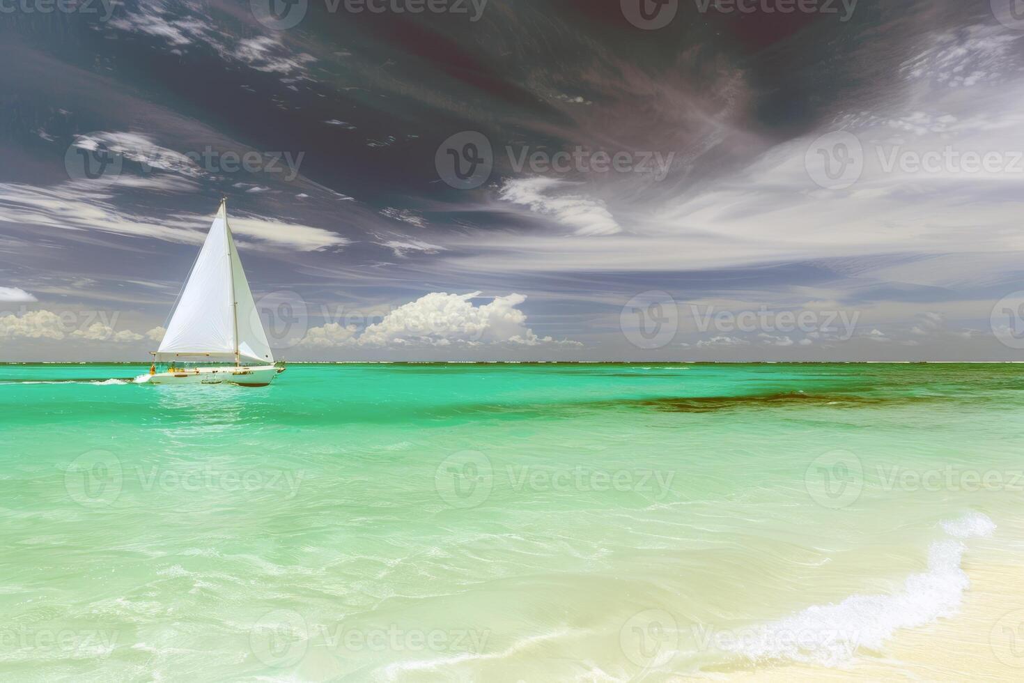 Sailboat gliding across sparkling blue waters, propelled by gentle summer breeze photo