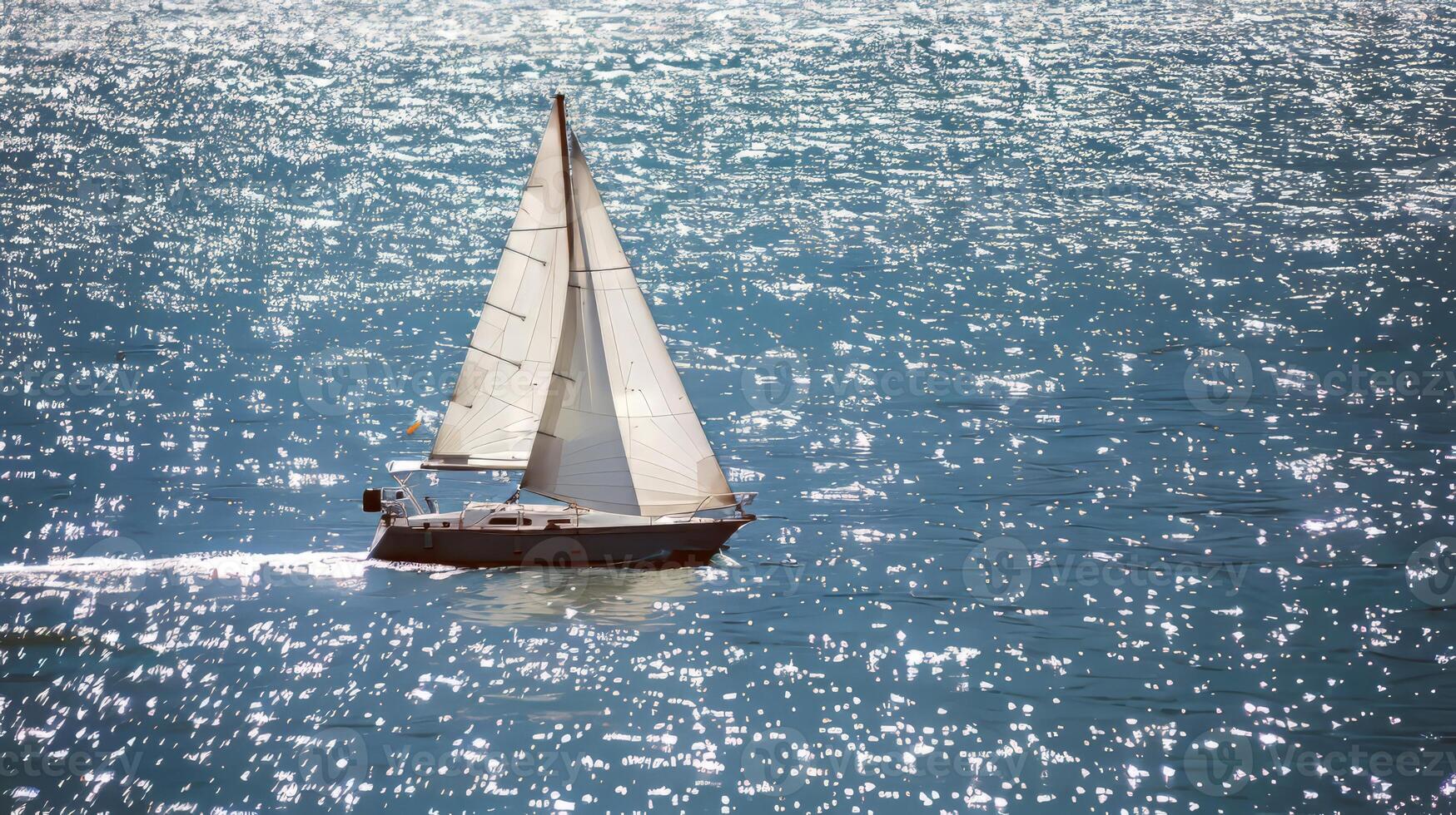 Sailboat gliding across sparkling blue waters, propelled by gentle summer breeze photo