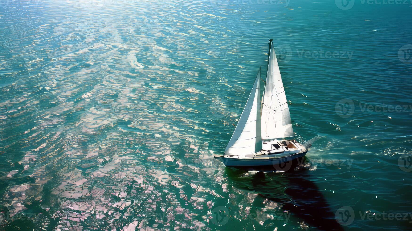 Sailboat gliding across sparkling blue waters, propelled by gentle summer breeze photo