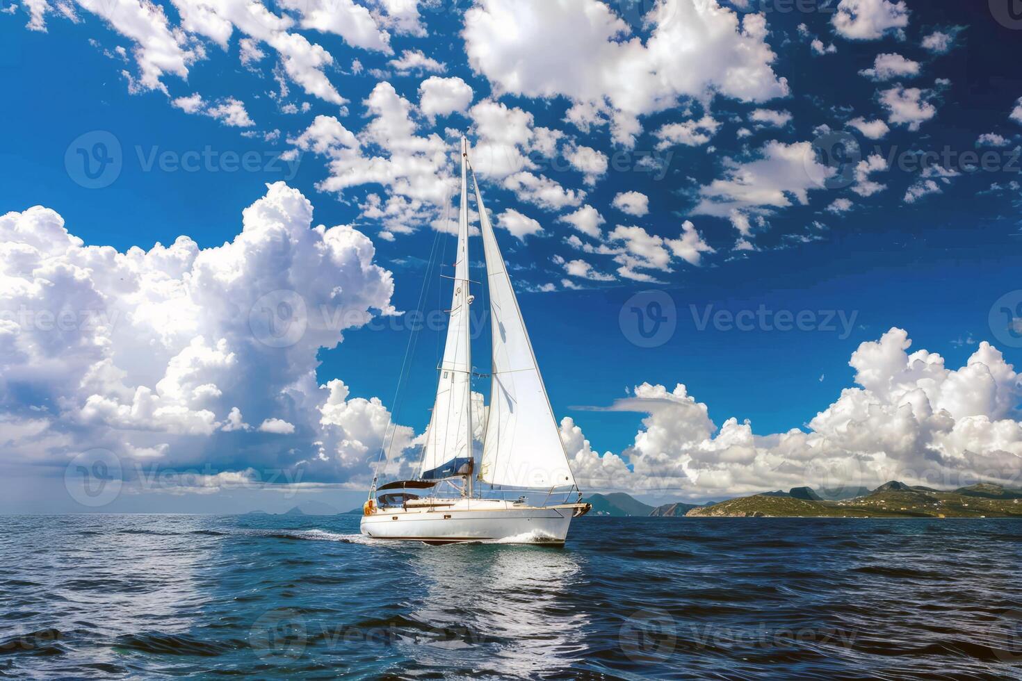 Sailboat gliding across sparkling blue waters, propelled by gentle summer breeze photo