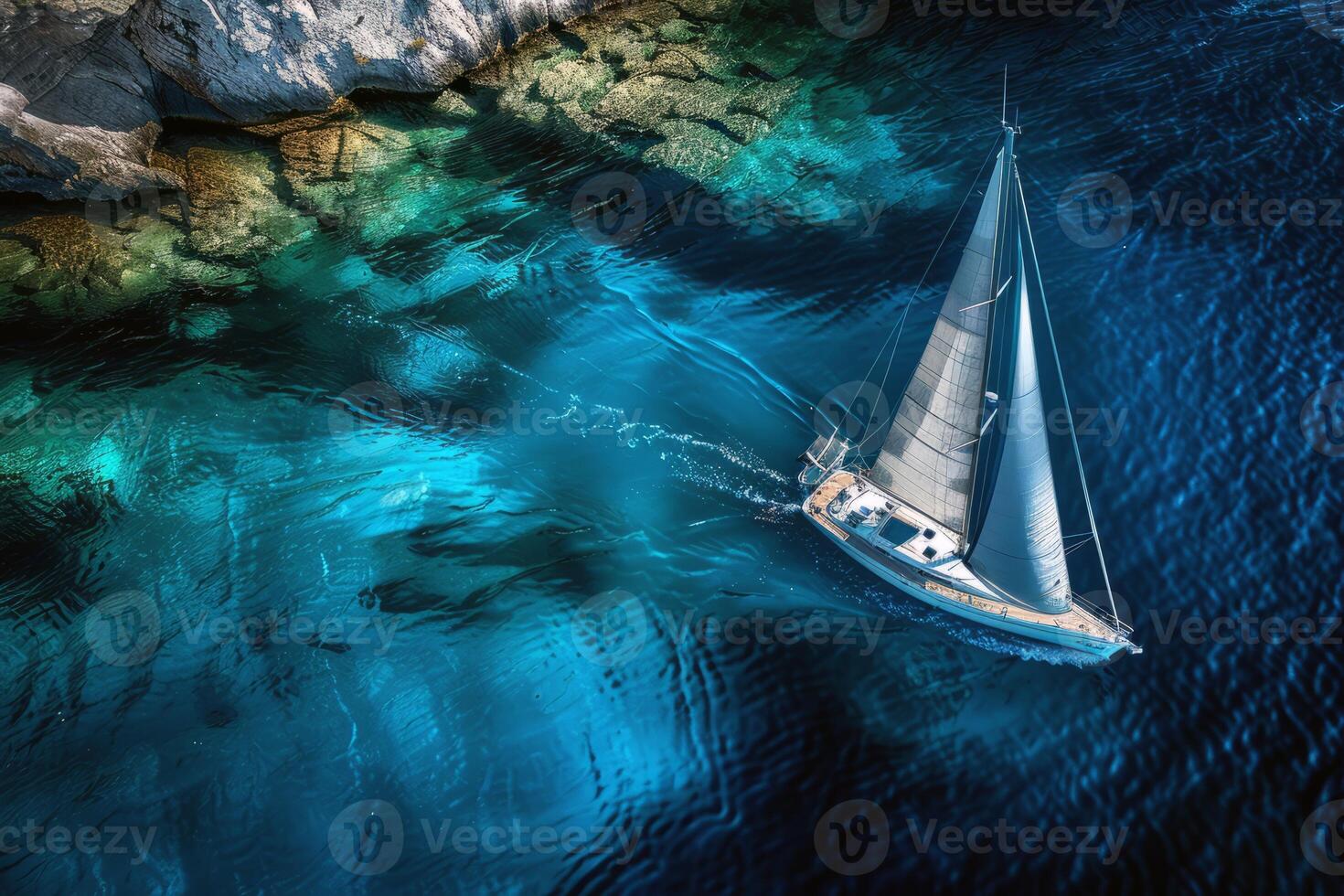 Sailboat gliding across sparkling blue waters, propelled by gentle summer breeze photo