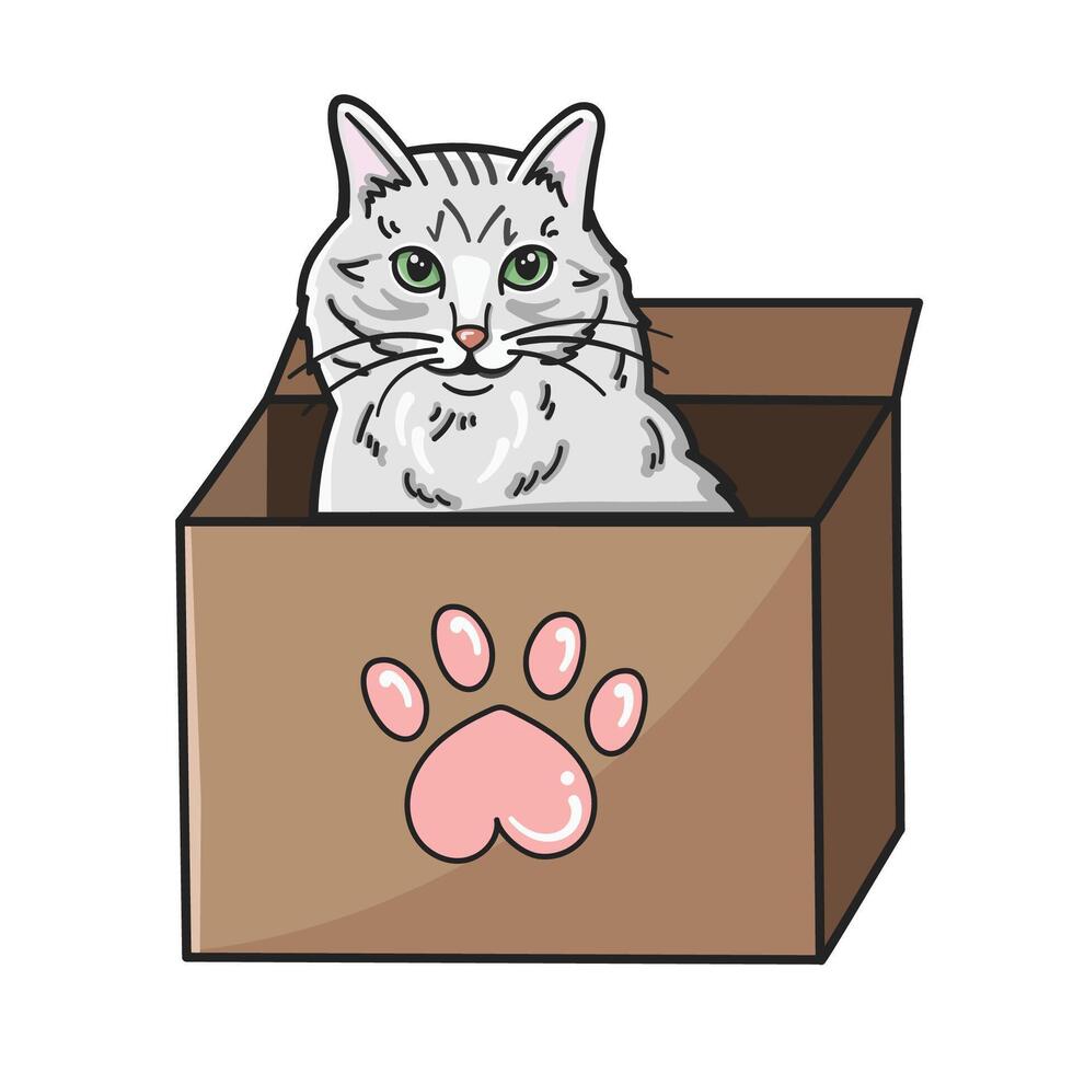 A white cat sitting in a box, an isolated image on a white background. Hand drawing. Suitable for stickers, prints, postcards, banners, posters, advertisements for animal shelters. vector
