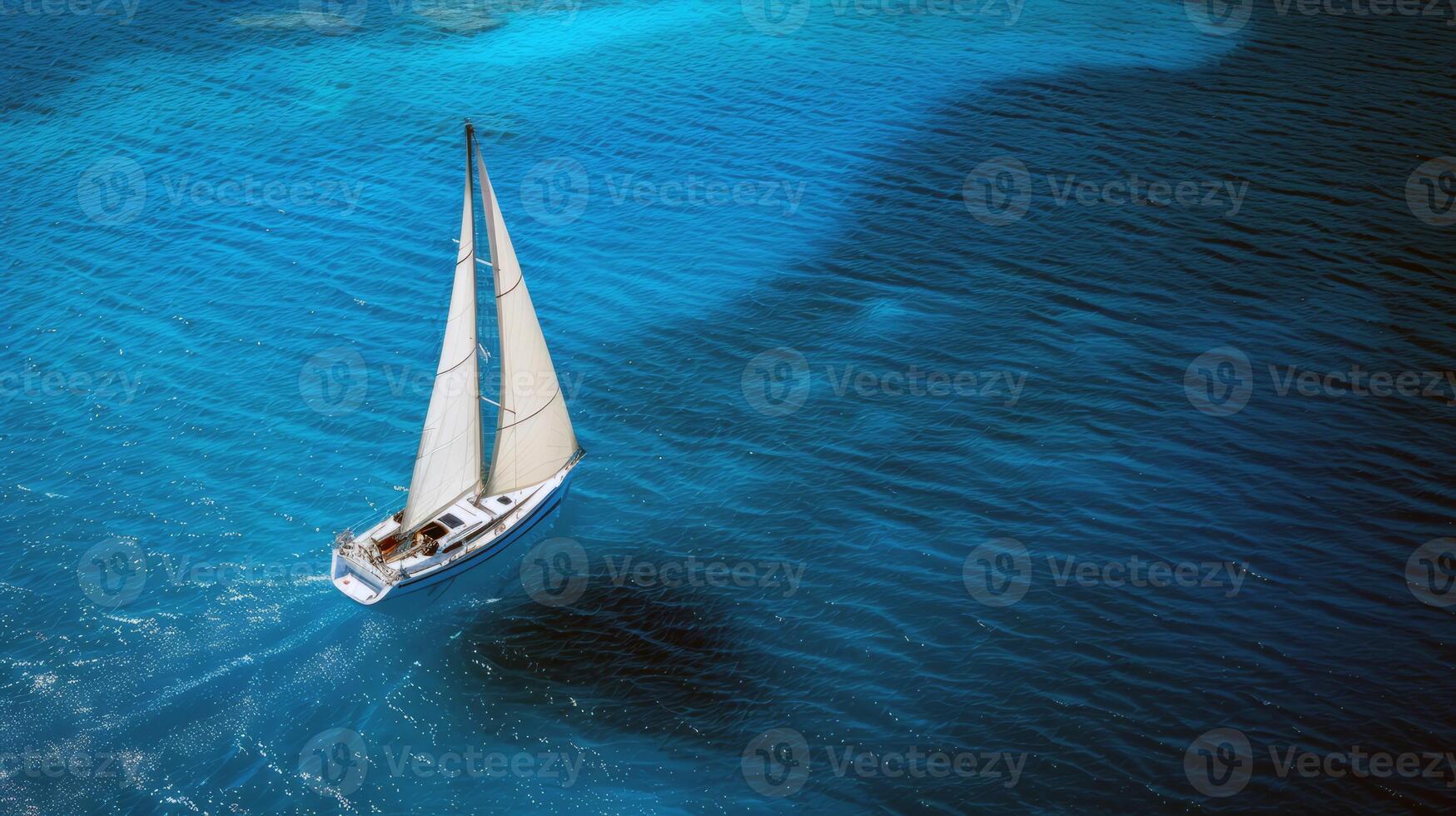 Sailboat gliding across sparkling blue waters, propelled by gentle summer breeze photo