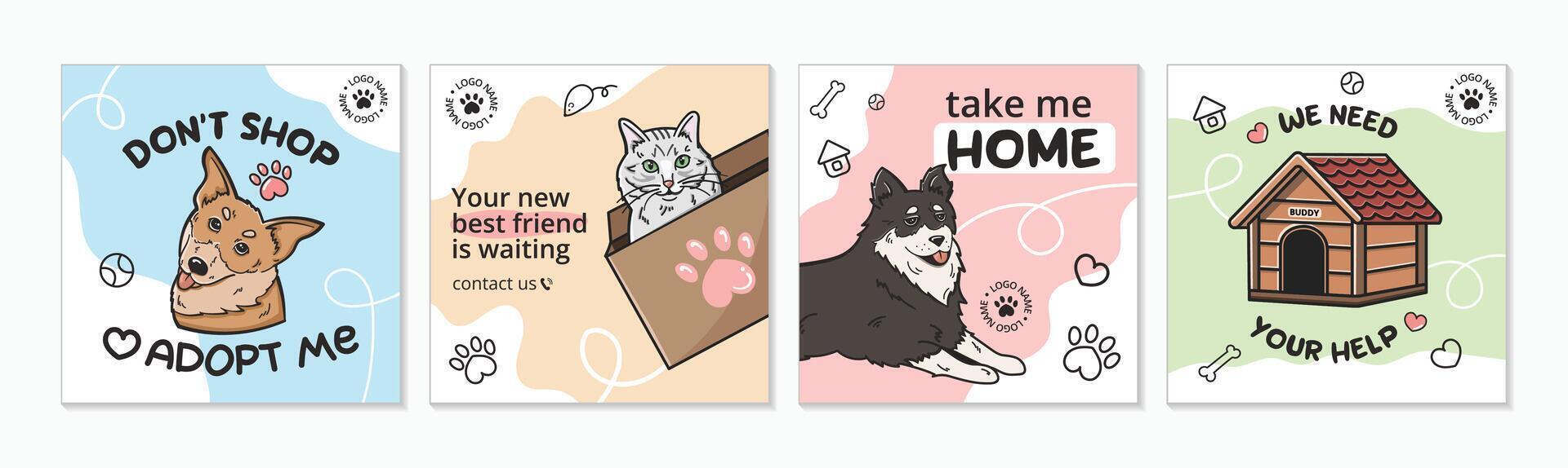A set of cute templates for a social media post on the topic of dogs and cats adoption. Adopt me banner , a cat in a box, a request for help. Pleasant bright colors, pet elements. vector