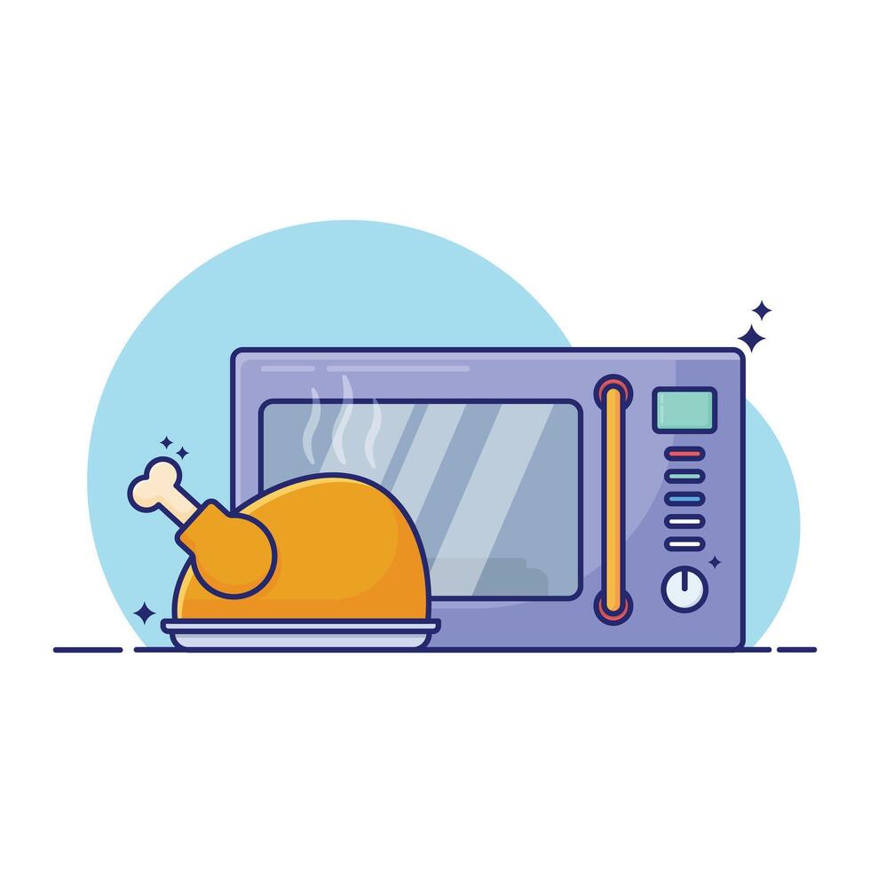A cartoonish drawing of a microwave with a piece of chicken on top of it vector
