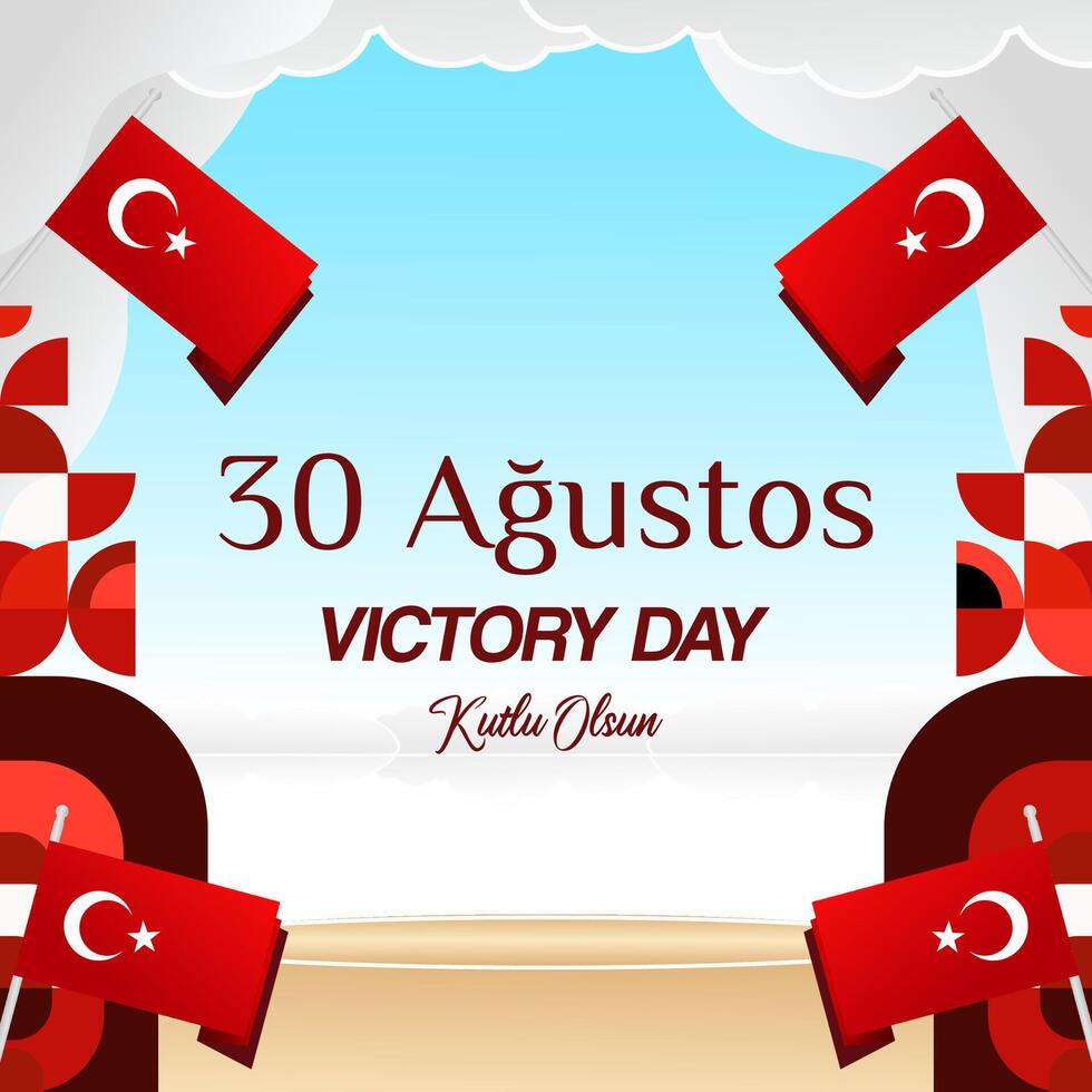 Turkey Victory Day square banner in modern geometric style with red colors. Turkish National Day greeting card template illustration on August 30. Happy Victory Day Turkey vector
