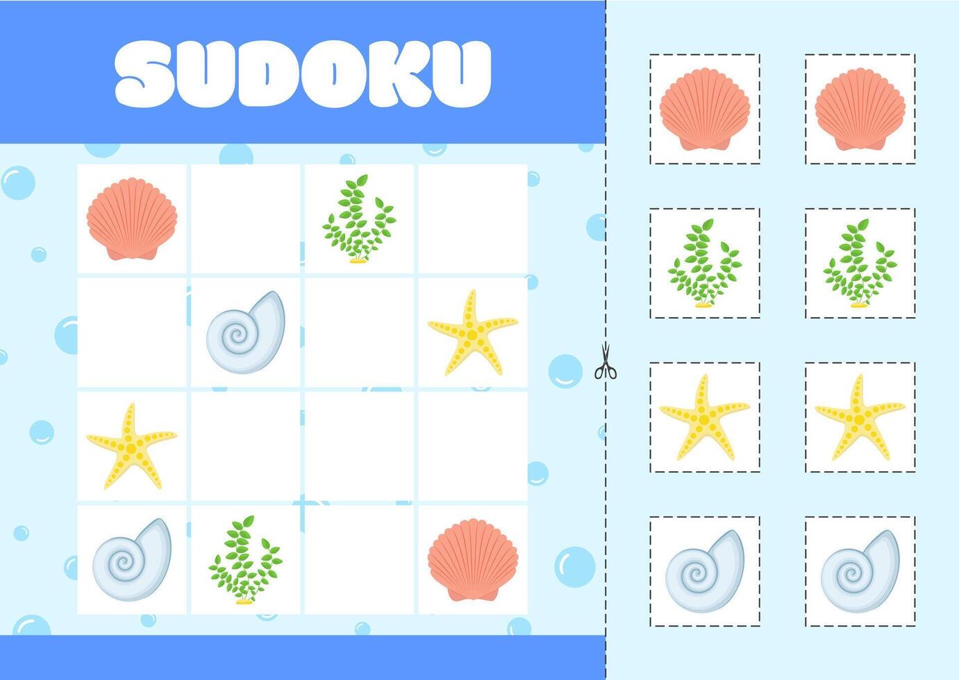para niños lógica juego - sudoku con imágenes en un marina tema. algas, conchas vector