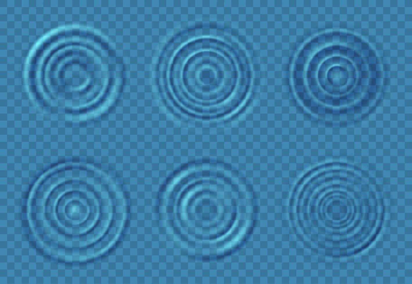 Ripple water waves. Concentric circles on blue water level from falling drops splash. Top view round swirls on liquid surface vector