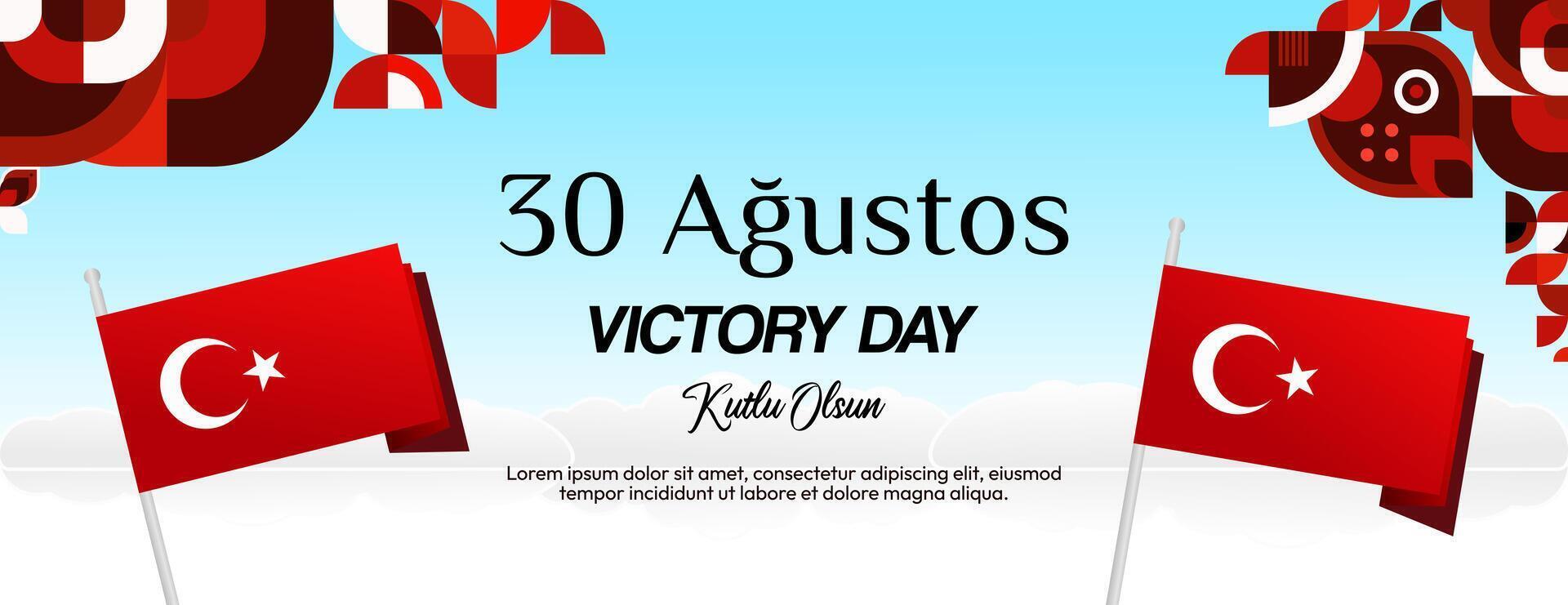Turkey Victory Day wide banner in modern geometric style with red colors. Turkish National Day greeting card template illustration on August 30. Happy Victory Day Turkey vector