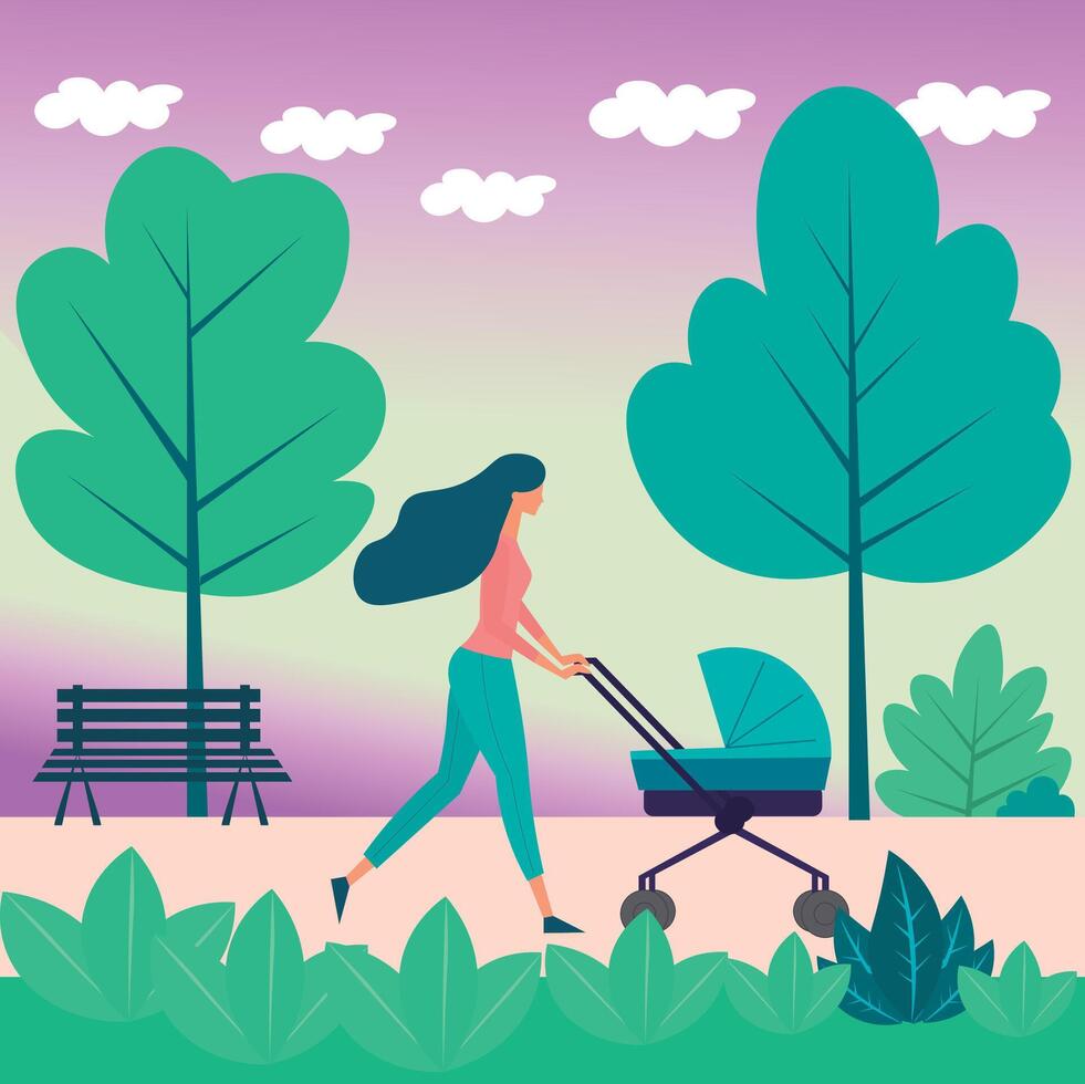 dibujo de un mujer con un bebé paseante, y un bebé caminando en un parque con un armonioso color paleta, y pelo soplo en el viento vector