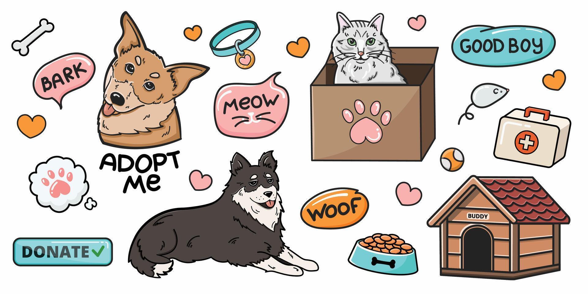 A set of isolated drawings on the theme of a shelter for dogs and cats, pet supplies. Adoption. Portraits of funny pets. Suitable for stickers, flyers, social media, cards, ad, prints, banners. vector