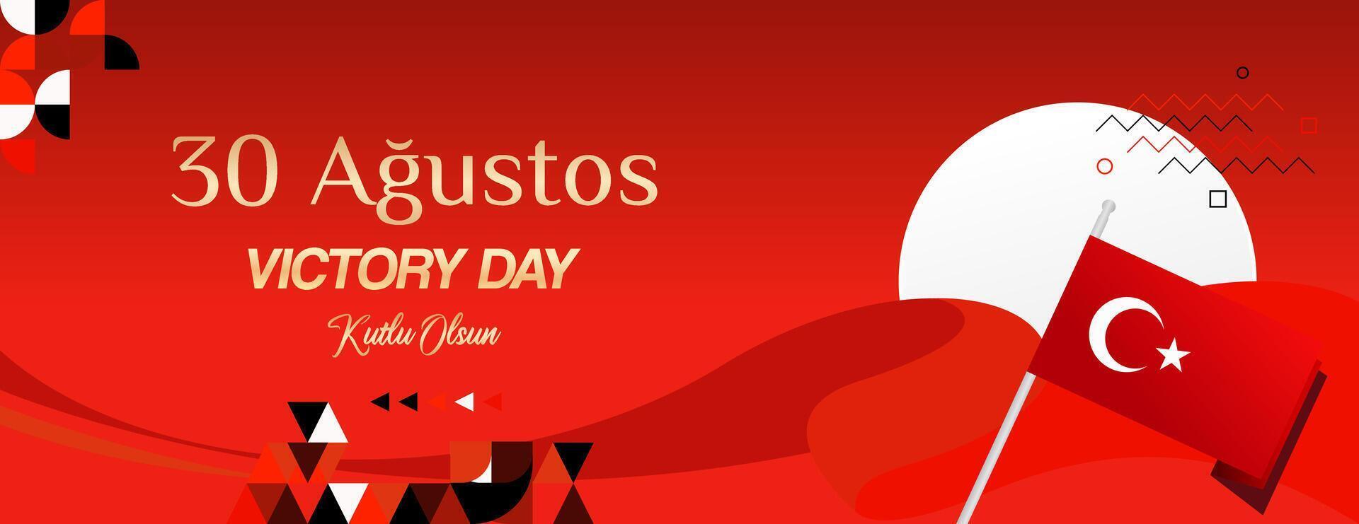 Turkey Victory Day wide banner in modern geometric style with red colors. Turkish National Day greeting card template illustration on August 30. Happy Victory Day Turkey vector