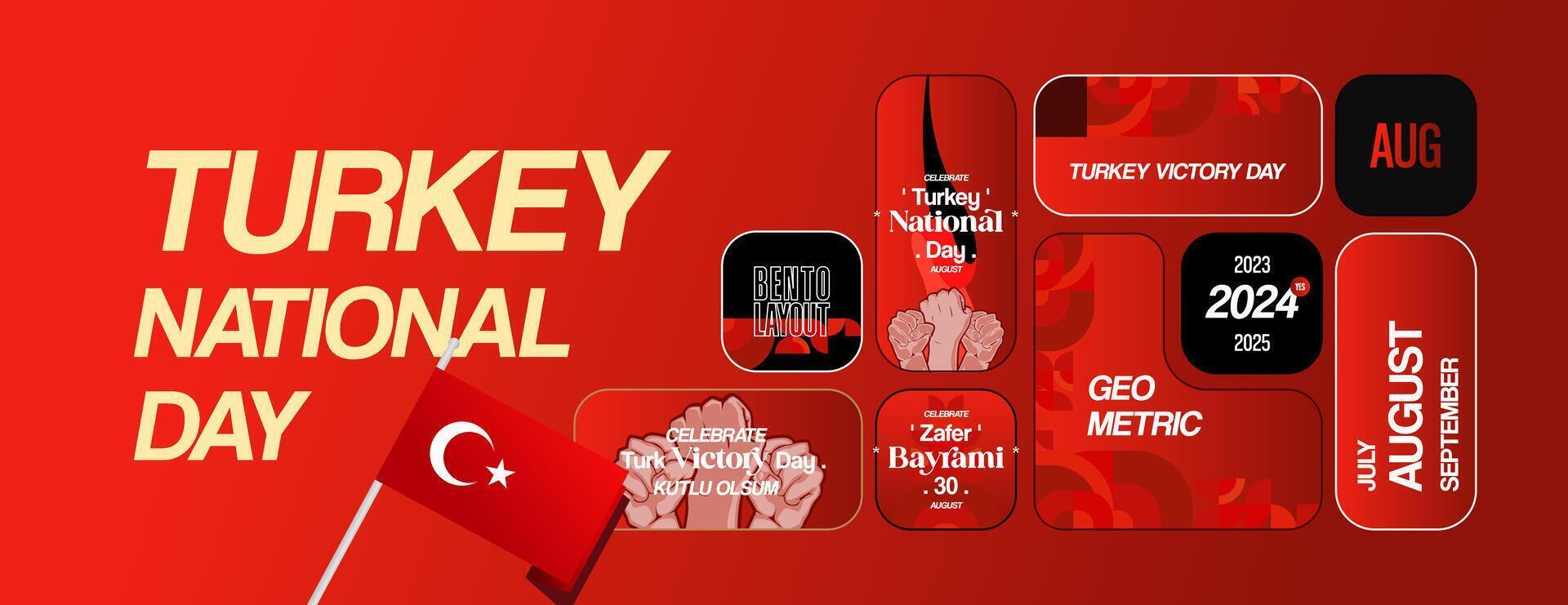 Turkey Victory Day wide banner in modern geometric style with bento layouts. Turkish National Day greeting card template illustration on August 30. Happy Victory Day Turkey vector
