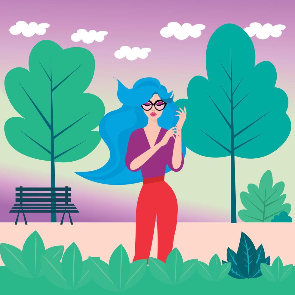 elegante ilustración mujer en anteojos, en un parque, en naturaleza vector