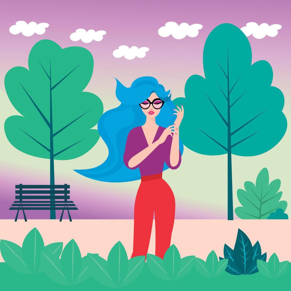 Elegant illustration woman in glasses, in a park, in nature vector