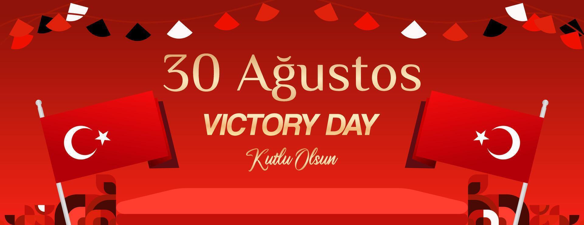 Turkey Victory Day wide banner in modern geometric style with red colors. Turkish National Day greeting card template illustration on August 30. Happy Victory Day Turkey vector