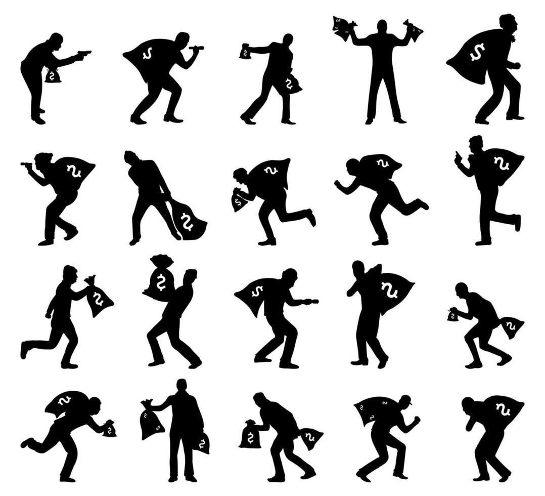 Set of illustrations of robber silhouettes vector