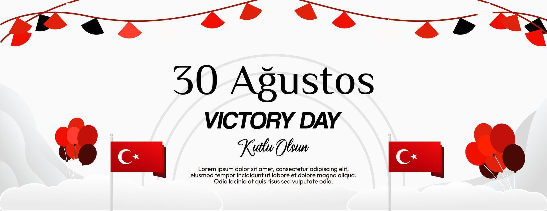 Turkey Victory Day wide banner in modern geometric style with red colors. Turkish National Day greeting card template illustration on August 30. Happy Victory Day Turkey vector