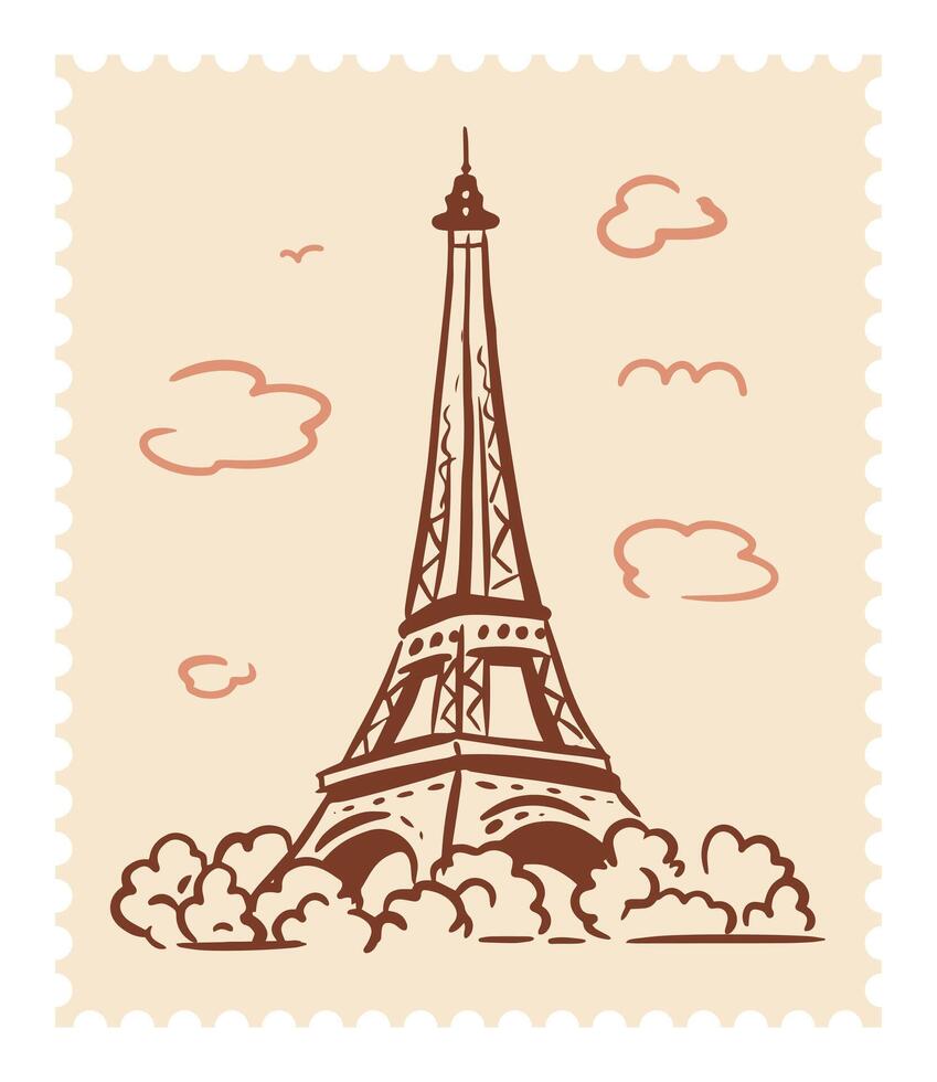 Eiffel Tower in Paris on a postage stamp. Landmark of Paris. Illustration in doodle style vector