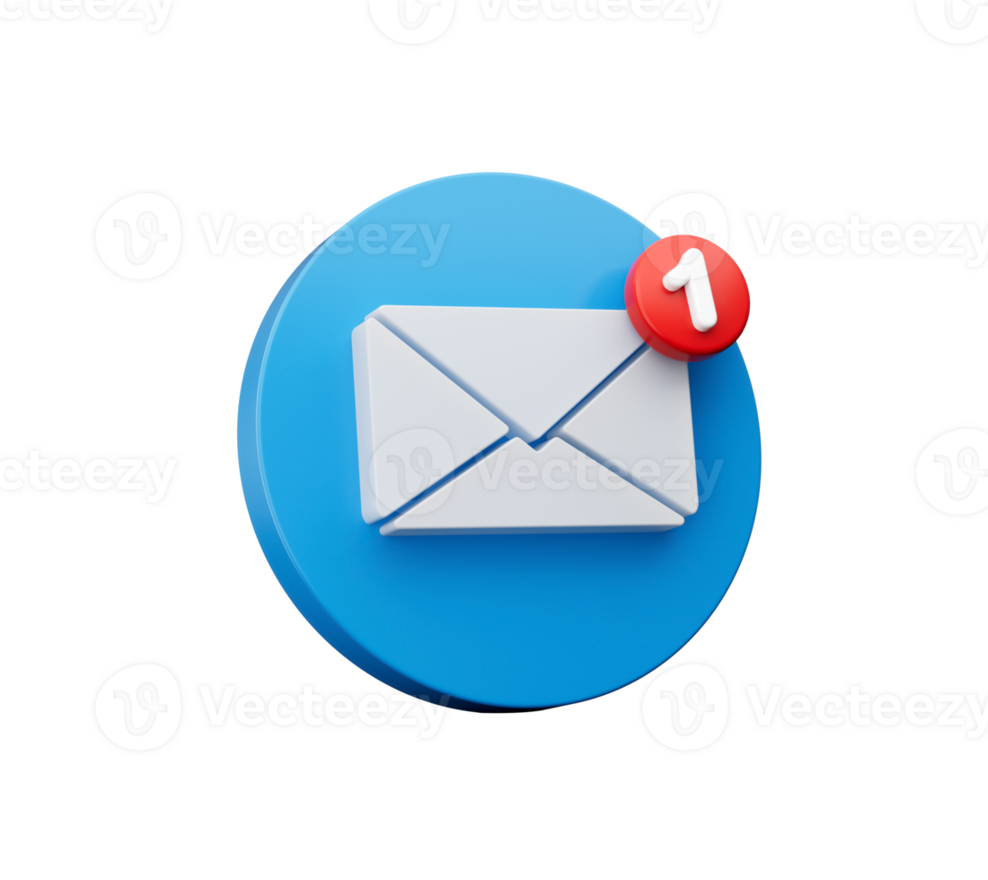 A blue circle with a white envelope and the letter 1 on it. Mail icon. 3d illustration png