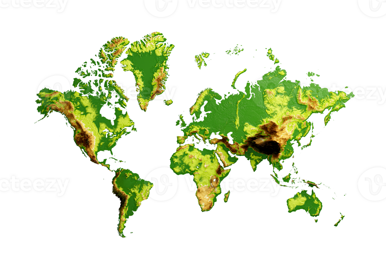 3d World Map Shaded Relief Hypsometric Map, 3d illustration png