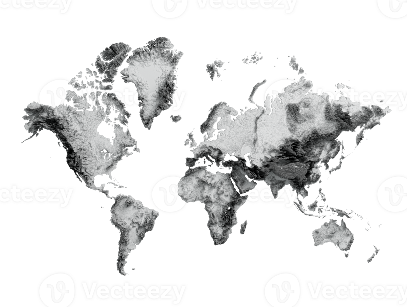 3d World Map Black And White Shaded Relief Hypsometric Map, 3d illustration png